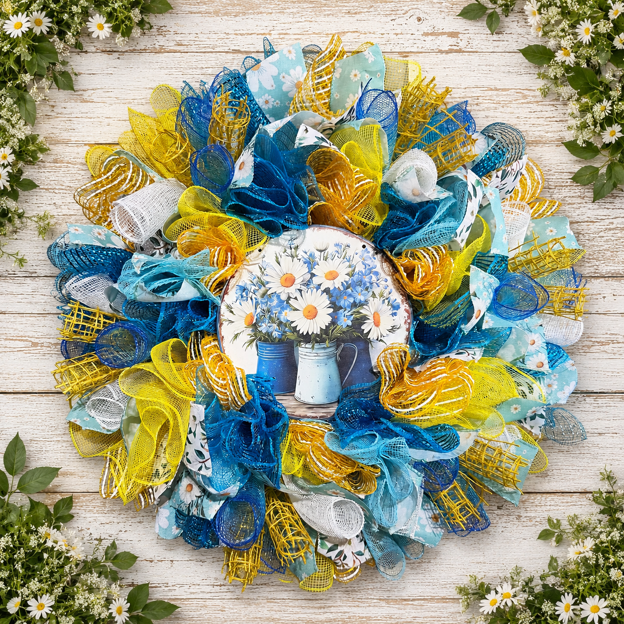 Blue and gold daisy wreath