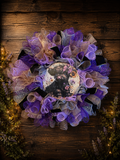 Black highland cow wreath with purple, silver and rose gold accents