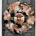 Peach, black and burlap Highland cow wreath