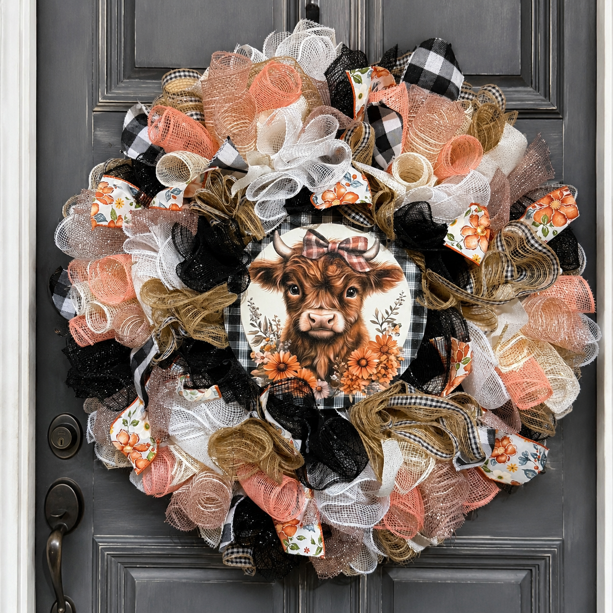 Peach, black and burlap Highland cow wreath